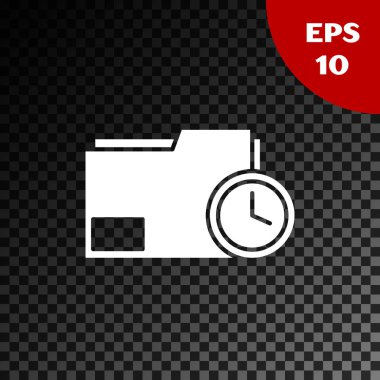 Saydam koyu arkaplanda saat simgesine sahip beyaz belge klasörü. Belge ve geri sayım, teslim tarihi, program, planlama sembolü. Vektör İllüstrasyonu