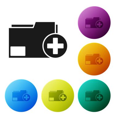 Siyah Ekle yeni dizin simgesi beyaz arkaplanda izole edildi. Yeni dizin dosyası. Belge simgesini kopyala. Eklenti oluşturma dizini yeni bir artı oluşturur. Renkli daire düğmelerini ayarlayın. Vektör İllüstrasyonu