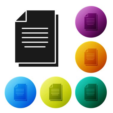 Siyah belge simgesi beyaz arka planda yalıtılmış. Dosya simgesi. Kontrol listesi simgesi. İş konsepti. Simgeler renkli daire düğmelerini ayarlayın. Vektör Illustration