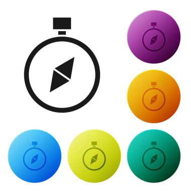 Siyah pusula simgesi beyaz arka planda izole. Windrose navigasyon sembolü. Rüzgar işareti. Simgeler renkli daire düğmelerini ayarlayın. Vektör Illustration