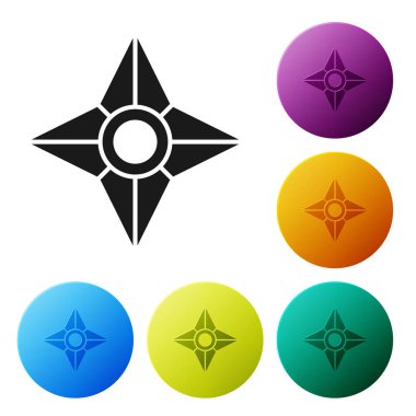 Siyah Japon ninja shuriken simgesi beyaz arkaplanda izole edildi. Renkli daire düğmelerini ayarlayın. Vektör İllüstrasyonu
