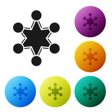 Siyah Polis rozet simgesi beyaz arka planda izole edildi. Şerif rozeti. Yıldız sembollü kalkan. Renkli daire düğmelerini ayarlayın. Vektör İllüstrasyonu