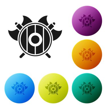 Beyaz arka planda çapraz balta simgesi olan siyah ortaçağ kalkanı. Savaş baltası, cellat baltası. Renkli daire düğmelerini ayarlayın. Vektör İllüstrasyonu