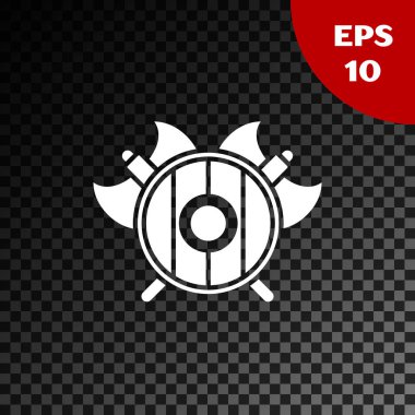 Çapraz eksen simgesi olan beyaz ortaçağ kalkanı şeffaf karanlık arka planda izole edilmiş. Savaş baltası, cellat baltası. Vektör İllüstrasyonu