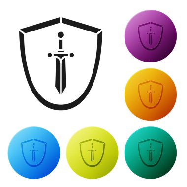 Siyah Ortaçağ kalkanı ve beyaz arka planda izole edilmiş kılıç simgesi. Renkli daire düğmelerini ayarlayın. Vektör İllüstrasyonu