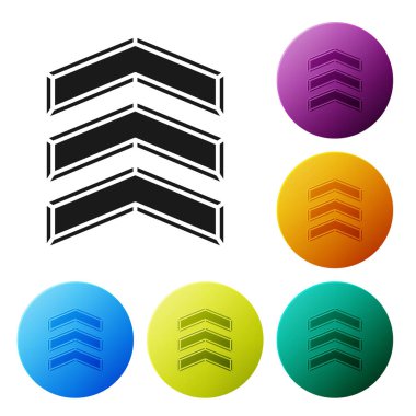 Siyah askeri rütbe simgesi beyaz arka planda izole edilmiş. Askeri rozet işareti. Renkli daire düğmelerini ayarlayın. Vektör İllüstrasyonu