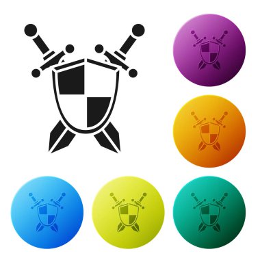 Siyah Ortaçağ kalkanı ve beyaz arka planda izole edilmiş çapraz kılıç simgesi. Renkli daire düğmelerini ayarlayın. Vektör İllüstrasyonu