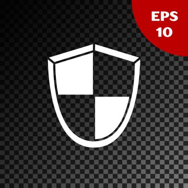 Beyaz Kalkan simgesi, şeffaf karanlık arkaplanda izole edildi. Gardiyan. Güvenlik, güvenlik, koruma, gizlilik kavramı. Vektör İllüstrasyonu