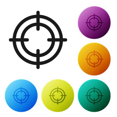 Siyah Hedef spor simgesi beyaz arkaplanda izole edildi. Atış mesafesi ya da atış mesafesi için sayıları olan temiz bir hedef. Renkli daire düğmelerini ayarlayın. Vektör İllüstrasyonu