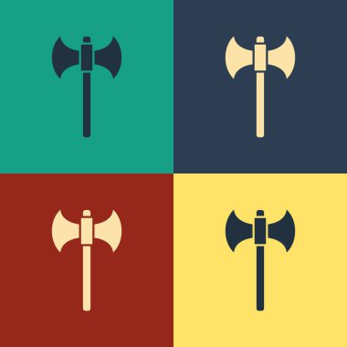 Renk arkaplanında izole edilmiş Ortaçağ balta simgesi. Savaş baltası, cellat baltası. Klasik tarzda çizim. Vektör İllüstrasyonu