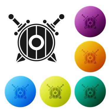 Siyah Ortaçağ ahşap kalkanı beyaz arka planda izole edilmiş çapraz kılıç simgesi. Renkli daire düğmelerini ayarlayın. Vektör İllüstrasyonu