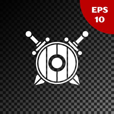 Orta Çağ ahşap kalkanı. Çapraz kılıç simgesi, şeffaf karanlık arka planda izole edilmiş. Vektör İllüstrasyonu