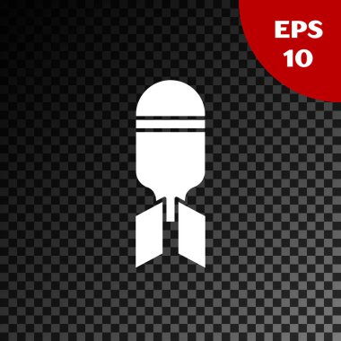 Beyaz Havacılık bomba ikonu, saydam karanlık arka planda izole edildi. Roket bombası düşüyor. Vektör İllüstrasyonu