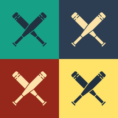 Renkli çapraz beyzbol sopası simgesi renk arkaplanında izole edilmiş. Klasik tarzda çizim. Vektör İllüstrasyonu