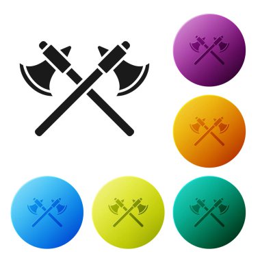 Siyah Çapraz Ortaçağ balta simgesi beyaz arka planda izole edildi. Savaş baltası, cellat baltası. Renkli daire düğmelerini ayarlayın. Vektör İllüstrasyonu