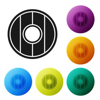 Siyah yuvarlak tahta kalkan ikonu beyaz arkaplanda izole edilmiş. Renkli daire düğmelerini ayarlayın. Vektör İllüstrasyonu