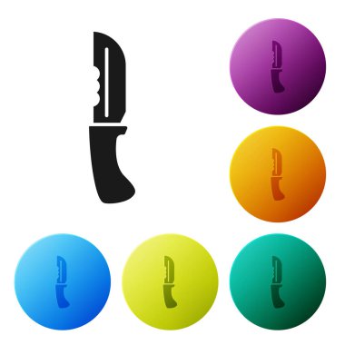 Beyaz arka planda siyah askeri bıçak ikonu var. Renkli daire düğmelerini ayarlayın. Vektör İllüstrasyonu