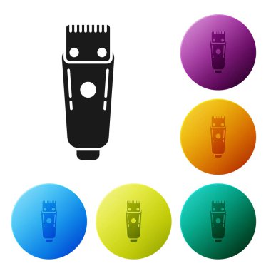 Siyah Elektrikli saç makası veya tıraş makinesi simgesi beyaz arka plan üzerinde izole. Berber dükkanı sembolü. Simgeleri renkli daire düğmeleri ayarlayın. Vektör İllüstrasyonu