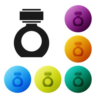 Siyah Aftershave simgesi beyaz arka plan üzerinde izole. Köln sprey simgesi. Erkek parfüm şişesi. Simgeleri renkli daire düğmeleri ayarlayın. Vektör İllüstrasyonu