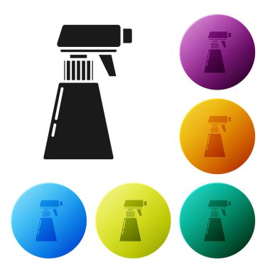 Beyaz arka planda izole edilmiş siyah kuaför tabanca sprey şişesi. Renkli daire düğmelerini ayarlayın. Vektör İllüstrasyonu