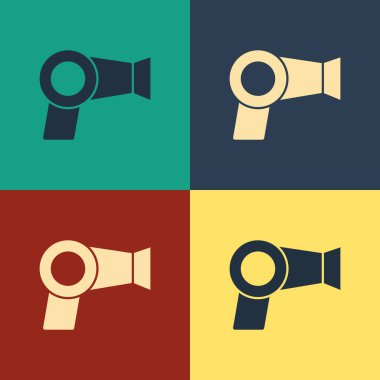 Renk Saç kurutucu simgesi renk arka planda izole. Saç kurutma makinesi işareti. Saç kurutma sembolü. Sıcak hava üflüyor. Vintage tarzı çizim. Vektör İllüstrasyonu