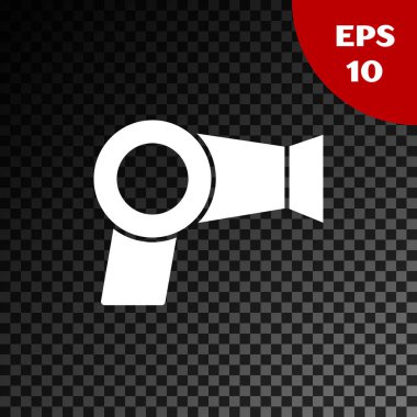 Beyaz Saç kurutucu simgesi şeffaf koyu arka plan üzerinde izole. Saç kurutma makinesi işareti. Saç kurutma sembolü. Sıcak hava üflüyor. Vektör İllüstrasyonu