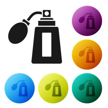 Beyaz arka planda izole edilmiş siyah tıraş losyonu şişesi. Parfüm spreyi ikonu. Erkek parfüm şişesi. Renkli daire düğmelerini ayarlayın. Vektör İllüstrasyonu