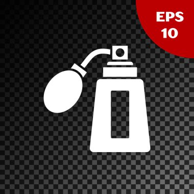 Atom simgesi olan beyaz tıraş losyonu şişesi şeffaf koyu arkaplanda. Parfüm spreyi ikonu. Erkek parfüm şişesi. Vektör İllüstrasyonu