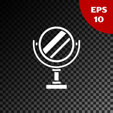 Beyaz yuvarlak makyaj aynası simgesi, şeffaf koyu arkaplanda izole edilmiş. Vektör İllüstrasyonu