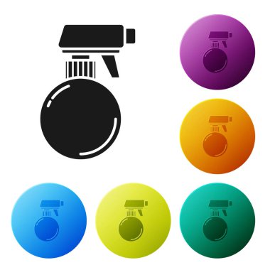 Beyaz arka planda izole edilmiş siyah kuaför tabanca sprey şişesi. Renkli daire düğmelerini ayarlayın. Vektör İllüstrasyonu