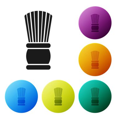 Beyaz arka planda yalıtılmış siyah Tıraş fırçası simgesi. Berber dükkanı sembolü. Simgeleri renkli daire düğmeleri ayarlayın. Vektör İllüstrasyonu