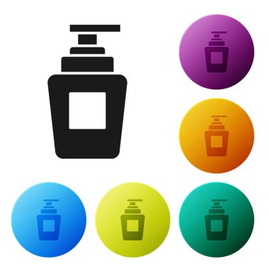 Beyaz arka planda izole edilmiş siyah şampuan ikonu. Renkli daire düğmelerini ayarlayın. Vektör İllüstrasyonu