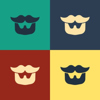 Renk bıyık ve sakal simgesi renk arka planda izole. Berber dükkanı sembolü. Yüz saç stili. Vintage tarzı çizim. Vektör İllüstrasyonu