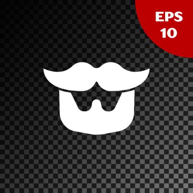 Beyaz Bıyık ve sakal simgesi şeffaf koyu arka plan üzerinde izole. Berber dükkanı sembolü. Yüz saç stili. Vektör İllüstrasyonu