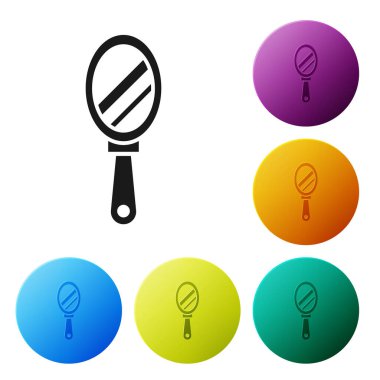 Siyah El ayna simgesi beyaz arka plan üzerinde izole. Simgeleri renkli daire düğmeleri ayarlayın. Vektör İllüstrasyonu