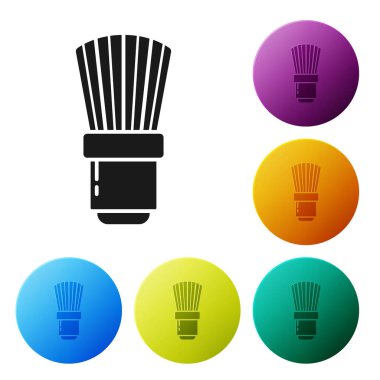 Beyaz arka planda yalıtılmış siyah Tıraş fırçası simgesi. Berber dükkanı sembolü. Simgeleri renkli daire düğmeleri ayarlayın. Vektör İllüstrasyonu