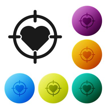 Kara Yürek dartların merkezinde hedef alan simge beyaz arkaplanda izole edildi. Sevgililer Günü. Renkli daire düğmelerini ayarlayın. Vektör İllüstrasyonu