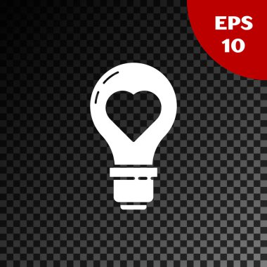 Ampul simgesinde beyaz kalp şekli şeffaf koyu arkaplanda izole edilmiş. Aşk sembolü. Sevgililer Günü sembolü. Vektör İllüstrasyonu