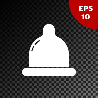 Şeffaf koyu arkaplanda beyaz prezervatif simgesi izole edildi. Güvenli aşk sembolü. Erkekler için doğum kontrol yöntemi. Vektör İllüstrasyonu