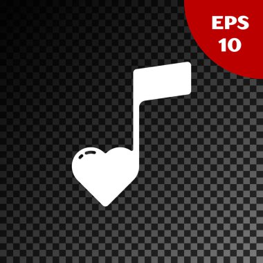 Beyaz müzik notası, şeffaf koyu arkaplanda izole edilmiş kalpler simgesi olan ton. Sevgililer Günü. Vektör İllüstrasyonu