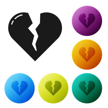 Siyah Kırık Kalp ya da beyaz arka planda izole edilmiş boşanma ikonu. Aşk sembolü. Sevgililer Günü. Renkli daire düğmelerini ayarlayın. Vektör İllüstrasyonu