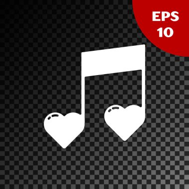 Beyaz müzik notası, şeffaf koyu arkaplanda izole edilmiş kalpler simgesi olan ton. Sevgililer Günü. Vektör İllüstrasyonu