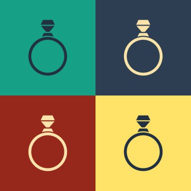 Renk arka planda yalıtılmış Renk Elmas nişan yüzüğü simgesi. Vintage tarzı çizim. Vektör İllüstrasyonu