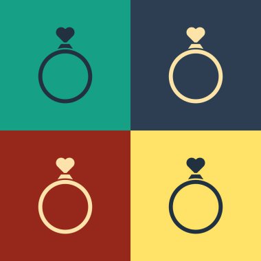 Renkli alyans simgesi renk arkaplanında izole edildi. Gelin ve damat mücevher tabelası. Evlilik sembolü. Elmas yüzük. Klasik tarzda çizim. Vektör İllüstrasyonu