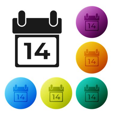 14 Şubat simgesine sahip Siyah Takvim beyaz arkaplanda izole edildi. Sevgililer Günü. Aşk sembolü. Renkli daire düğmelerini ayarlayın. Vektör İllüstrasyonu