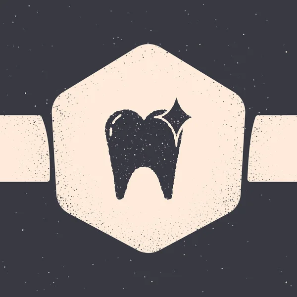Grunge Dente branqueamento ícone conceito isolado no fundo cinza. Símbolo de dente para clínica odontológica ou centro médico dentista. Desenho vintage monocromático. Ilustração vetorial —  Vetores de Stock