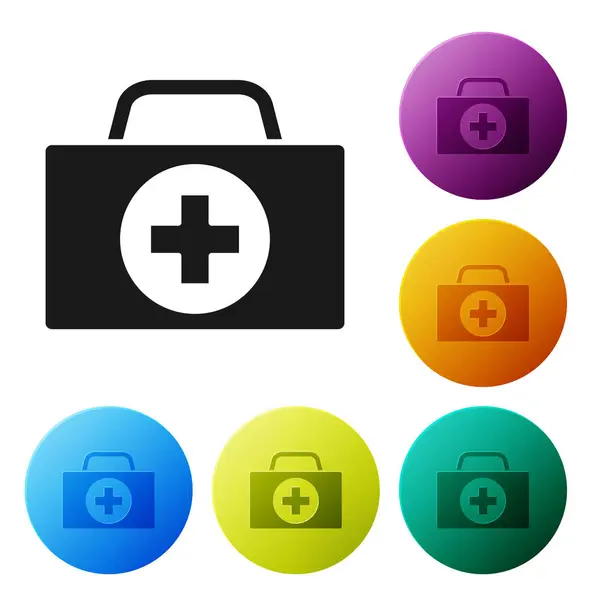 Zwarte EHBO-kit pictogram geïsoleerd op witte achtergrond. Medische doos met kruis. Medische apparatuur voor noodgevallen. Healthcare concept. Set pictogrammen kleurrijke cirkel knoppen. Vector illustratie — Stockvector