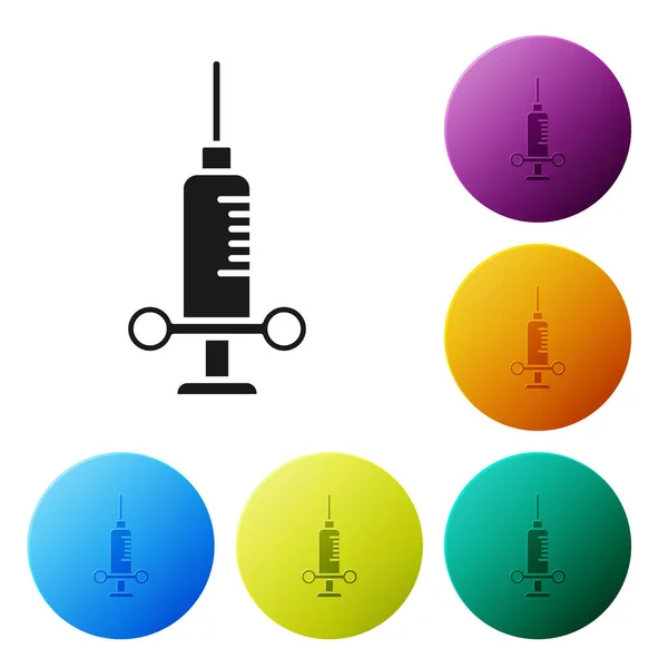 Black Dental medische spuit met naald pictogram geïsoleerd op witte achtergrond. Stel pictogrammen kleurrijke cirkel knoppen. Vector Illustratie — Stockvector