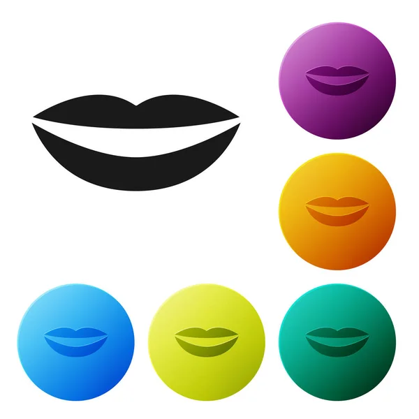 Black Smiling lips icon isolated on white background. Smile symbol. Set icons colorful circle buttons. Vector Illustration — Stock Vector