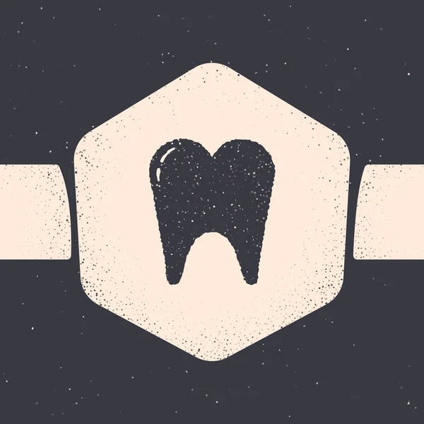 Icono de Diente Grunge aislado sobre fondo gris. Símbolo dental para clínica de odontología o centro médico dentista y paquete de pasta de dientes. Dibujo vintage monocromo. Ilustración vectorial — Vector de stock